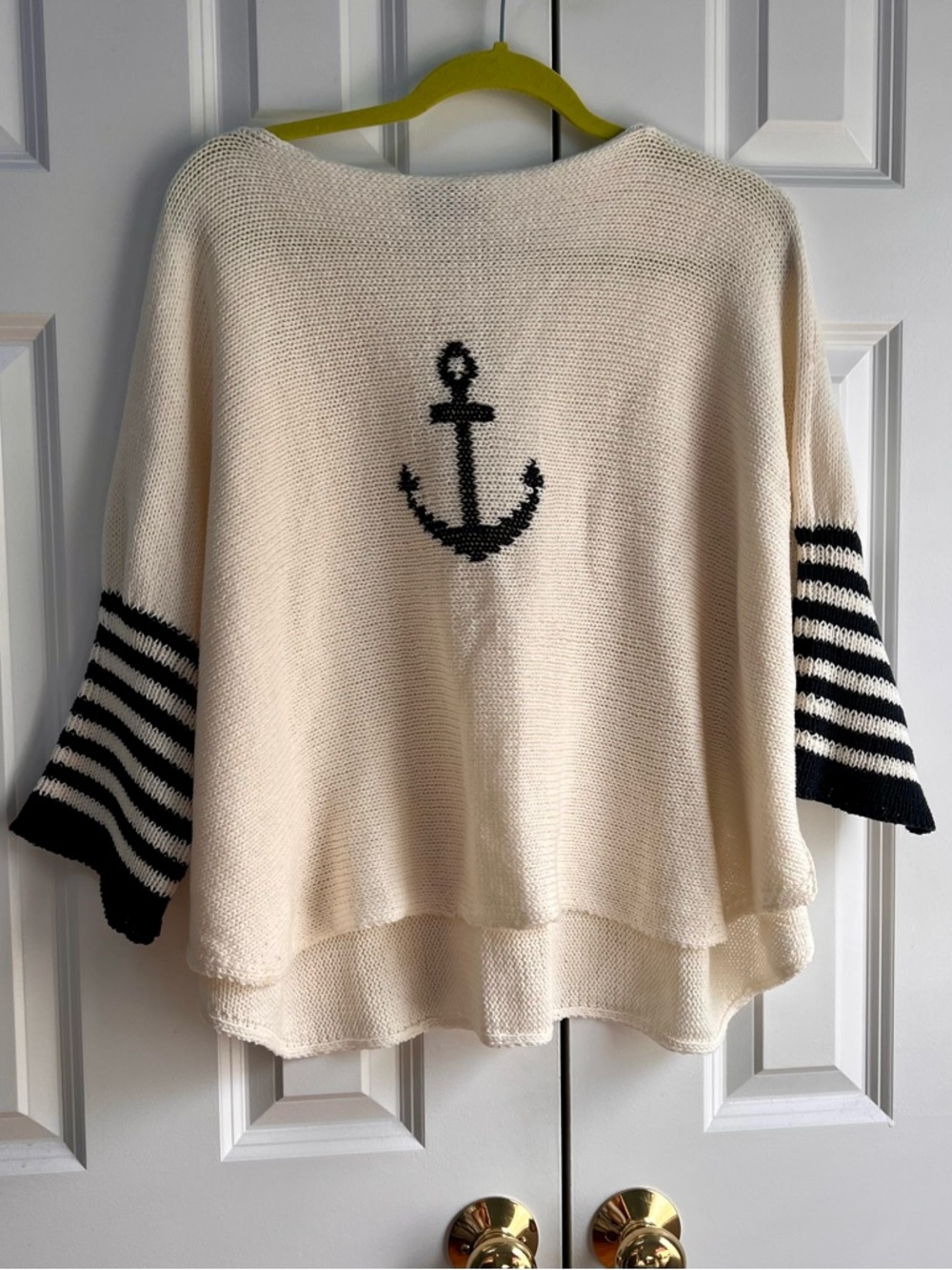 Wooden Ships Cream Knit Boat Neck Sweater with Black Anchor & Stripes
